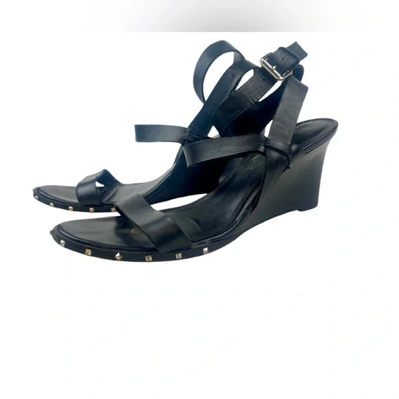 Marc Fisher Black Leather Madaya Studded Wedge Ankle Wrap Sandals Size 8.5 - Picture 8 of 10